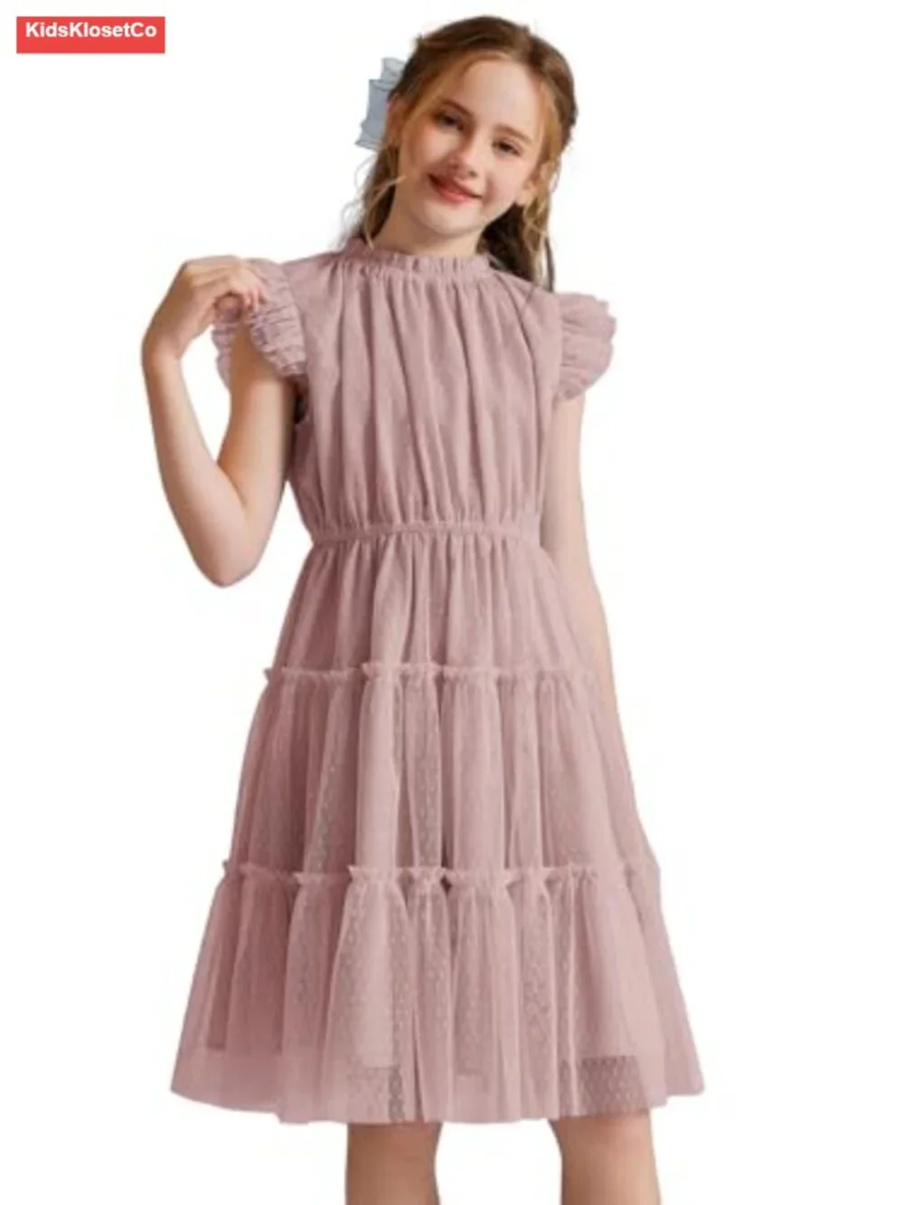 Girls Tulle Dress Three Layers Ruffle Sleeve Tiered Skirt Party Casual